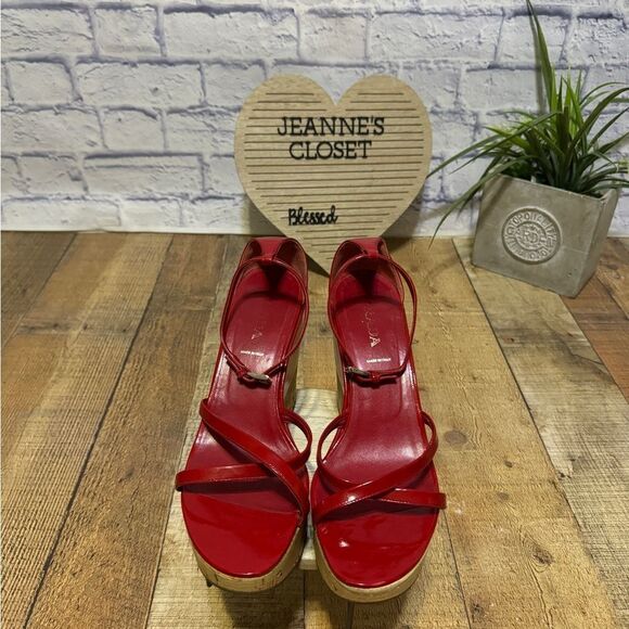 PRADA Wedge Cork Sandals Leather Platform Heels Bliss Rosso Sz 38 EU 8B US Italy - Picture 11 of 12